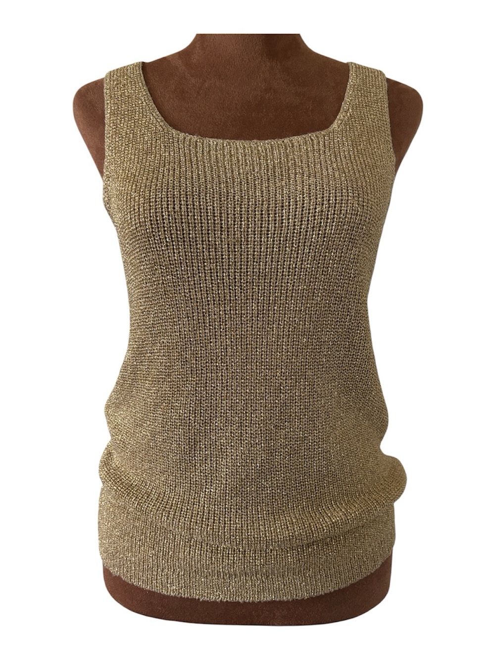 VTG Suzelle Metallic Gold Knit Tank Top Scoop Neck Sleeveless 80s Disco Glam